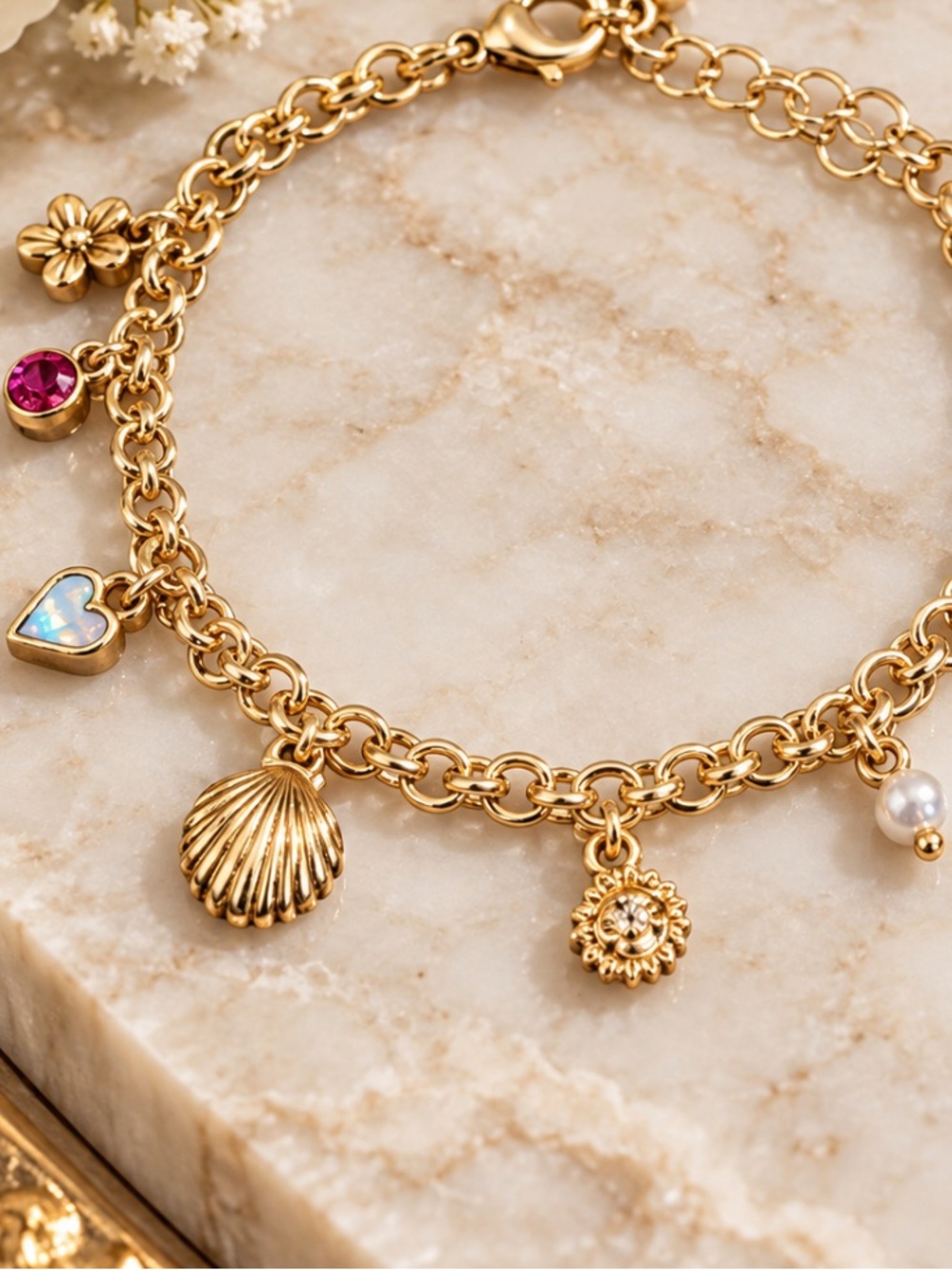 Gold Shell Charm Multicolored Bracelet